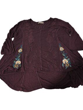 Caite Embroidered Floral Shirt Womens Size 1X Purple Boho Peasant Casual V Neck